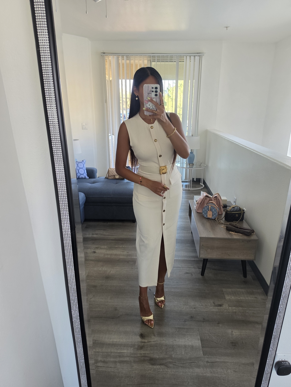 Zara Cream Button-Front Midi Dress with Gold Accents - Picture 15 of 17